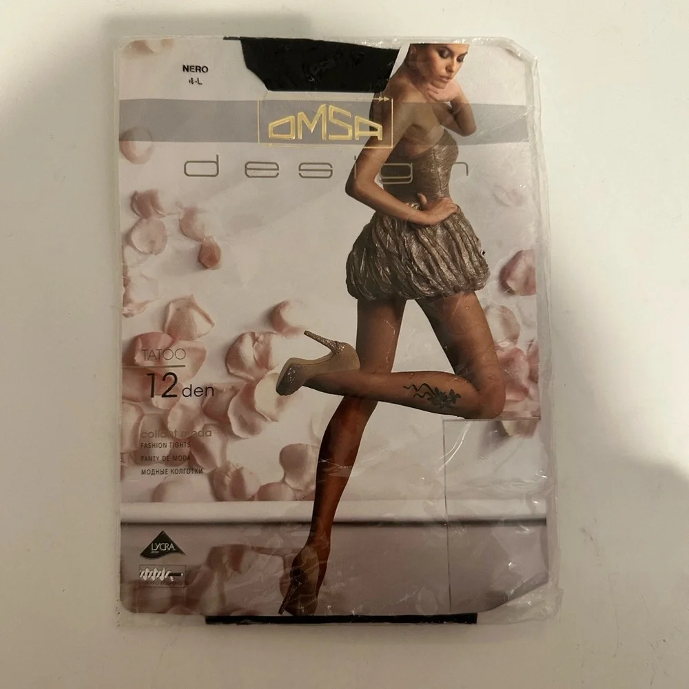 OMSA Italian Hosiery Fashion Tights Black with Floral Ribbon Tattoo Detail Large